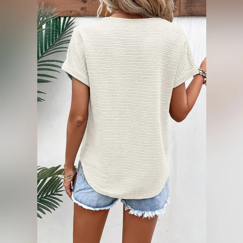 Pale Khaki Textured Wide Sleeve V Neck T Shirt‎